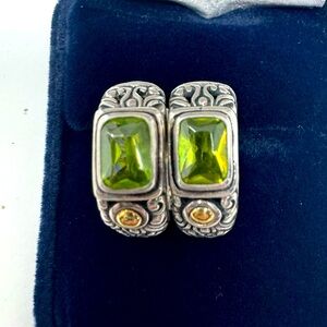 Samuel Benham BJC sterling silver and 18k gold hoop earrings emerald-cut peridot